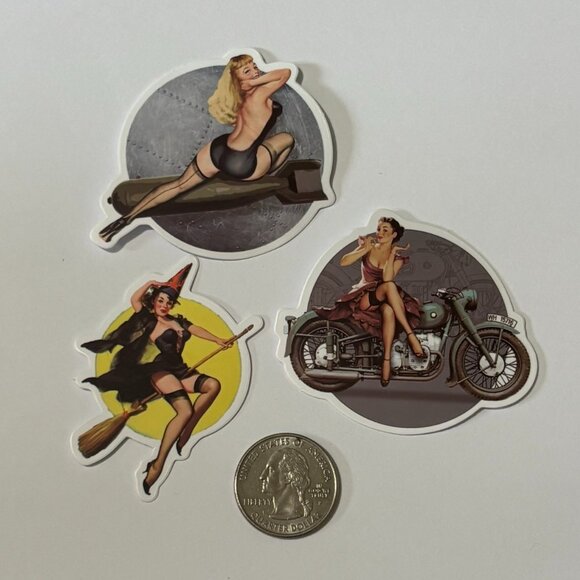 3pc Pinup Motorcycle Witch Lingerie Retro Vintage Women Stickers Decals - Picture 2 of 2